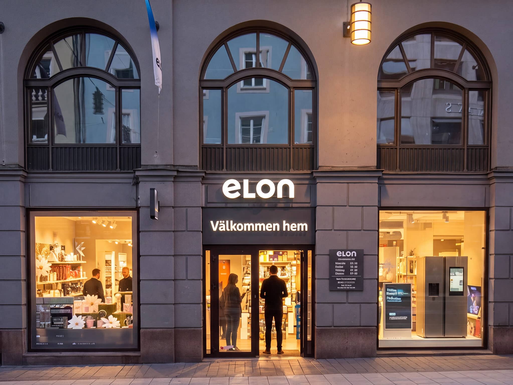 Elons butik på Kungsgatan 13 i Stockholms city i kvällsljus